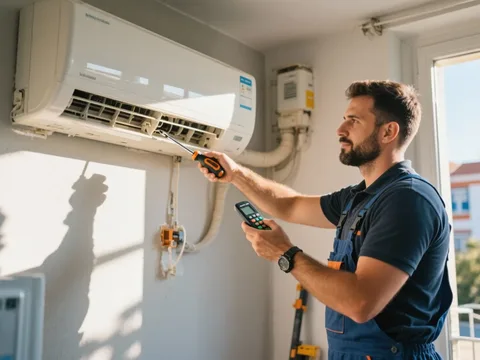 Técnico a colocar em serviço uma unidade interior de ar condicionado em Portugal