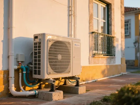 Bomba de calor exterior instalada na fachada de uma casa em Portugal
