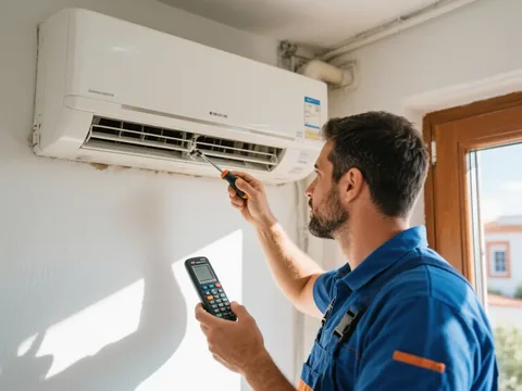 Técnico de refrigeração instalando um ar condicionado em Portugal