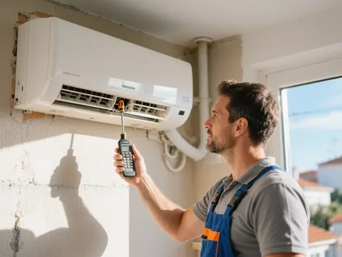 Técnico de refrigeração instalando um ar condicionado em Portugal