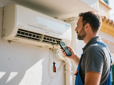 Técnico de refrigeração instalando um ar-condicionado em Portugal