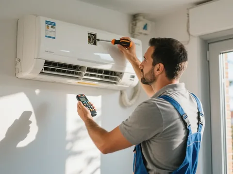 Técnico de refrigeração instalando um ar condicionado em Portugal