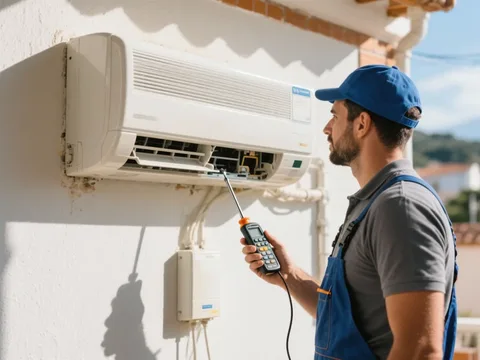 Técnico de climatização a colocar em funcionamento uma unidade interior de ar condicionado numa habitação em Portugal