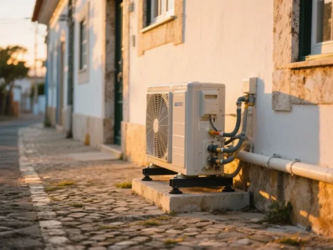 Bomba de calor exterior instalada ao longo da fachada de uma habitação em Portugal, com ligações visíveis