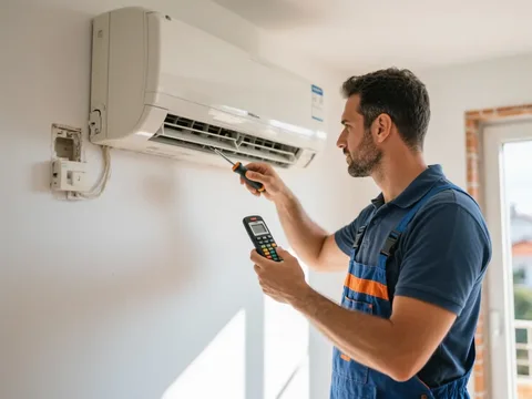 Técnico de refrigeração instalando um ar condicionado em Portugal