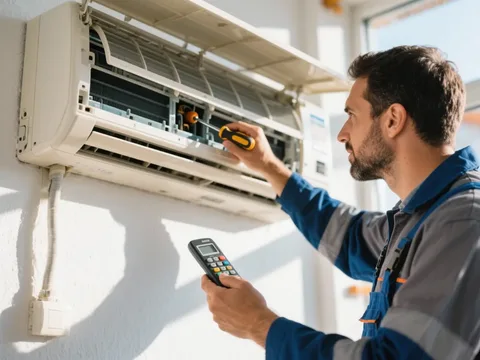 Técnico de refrigeração instalando um ar condicionado em Portugal