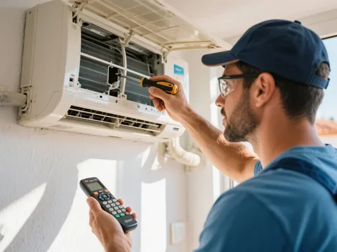 Técnico de refrigeração instalando ar condicionado em Portugal