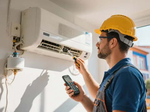 Técnico de refrigeração instalando um ar condicionado em Portugal