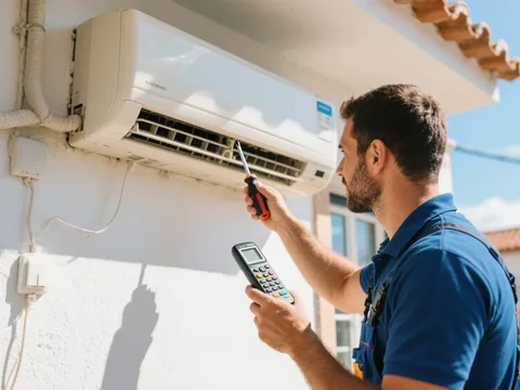 Técnico de refrigeração instalando um ar condicionado em Portugal