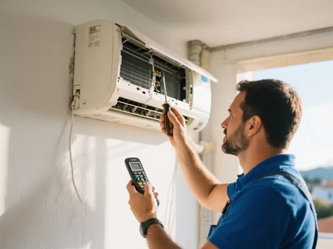Técnico de climatização a colocar um ar condicionado em funcionamento em Portugal