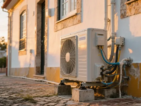 Bomba de calor exterior instalada na fachada de uma casa em Portugal