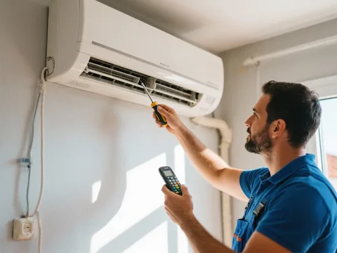 Técnico de refrigeração a instalar um ar condicionado em Portugal