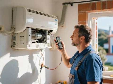 Técnico de refrigeração colocando em serviço um ar condicionado em Portugal