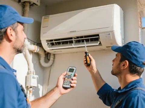 Técnico de refrigeração instalando um ar condicionado em Portugal
