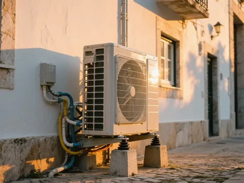 Bomba de calor externa instalada em uma casa em Portugal