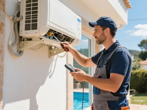 Técnico de refrigeração instalando um ar-condicionado em Portugal