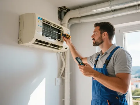Técnico de refrigeração a instalar uma unidade de ar condicionado em Portugal