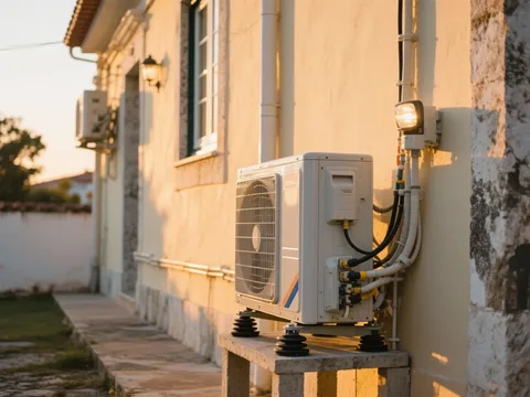 Unidade exterior de bomba de calor instalada numa casa em Portugal