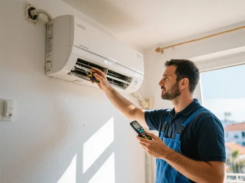 Técnico de refrigeração instalando um ar condicionado em Portugal