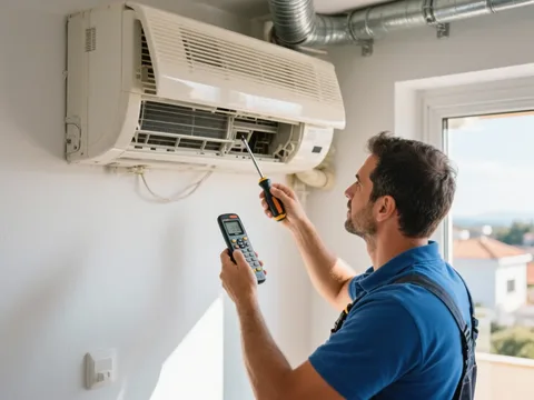 Técnico de refrigeração instalando um ar condicionado em Portugal