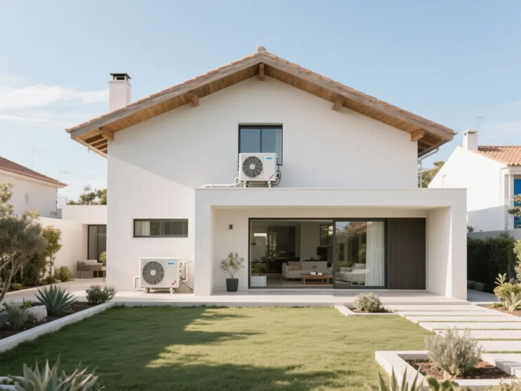 Casa com bomba de calor exterior em Portugal, equipamento moderno