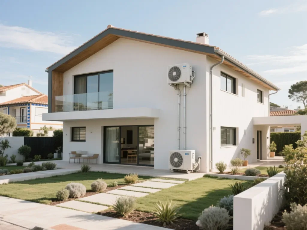 Casa com bomba de calor externa em Portugal, equipamento moderno