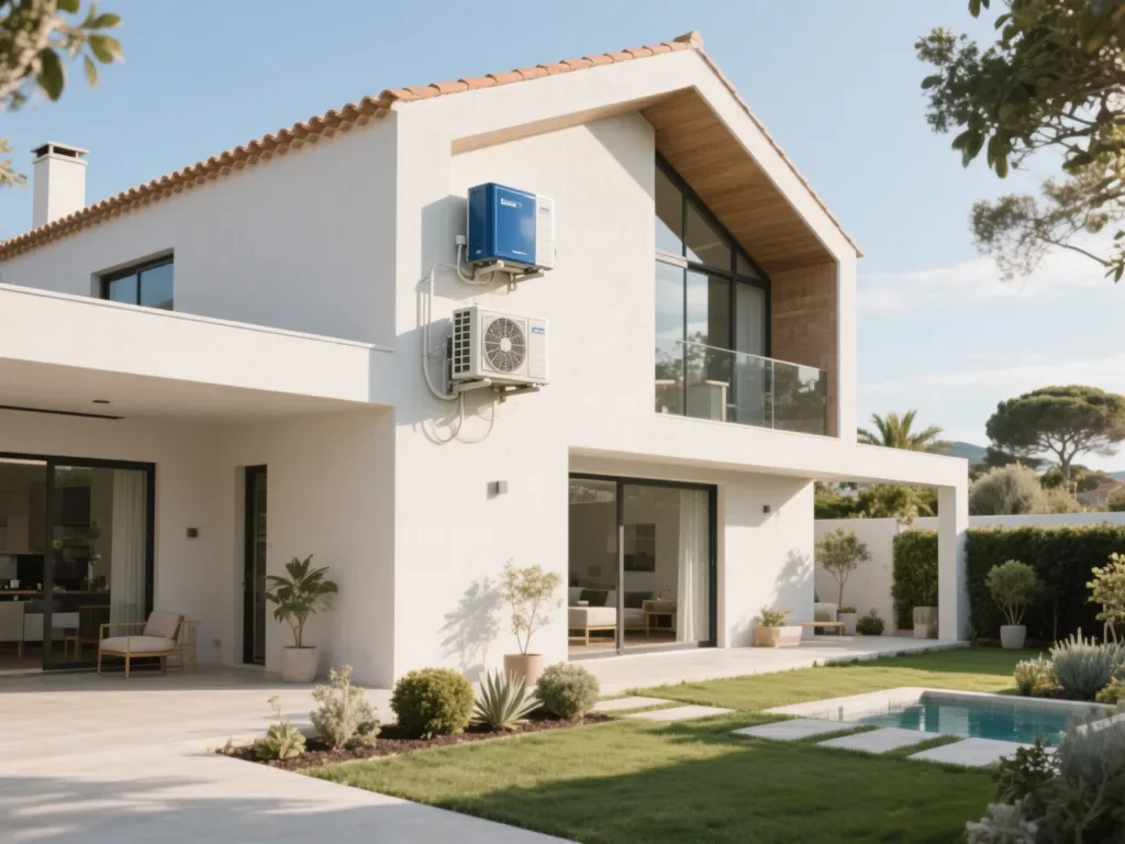 Casa com bomba de calor externa em Portugal, equipamento moderno