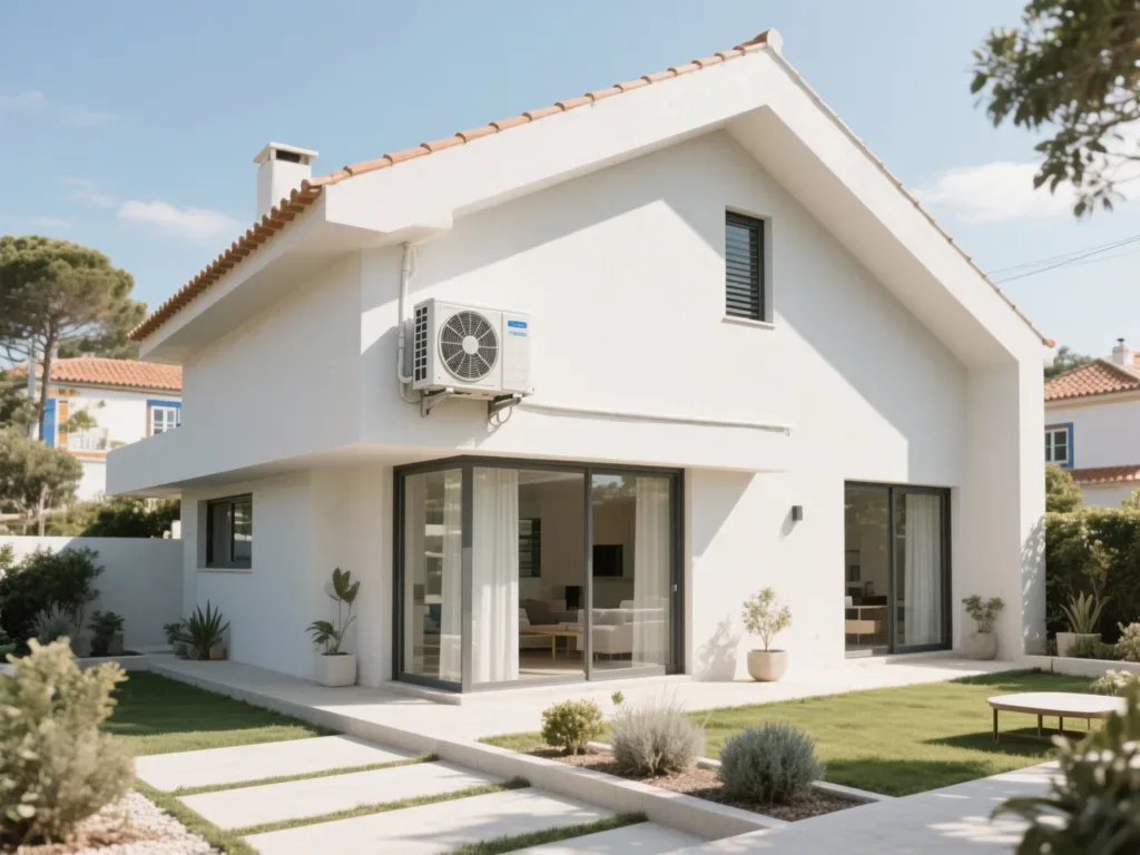 Casa com bomba de calor externa em Portugal, equipamento moderno