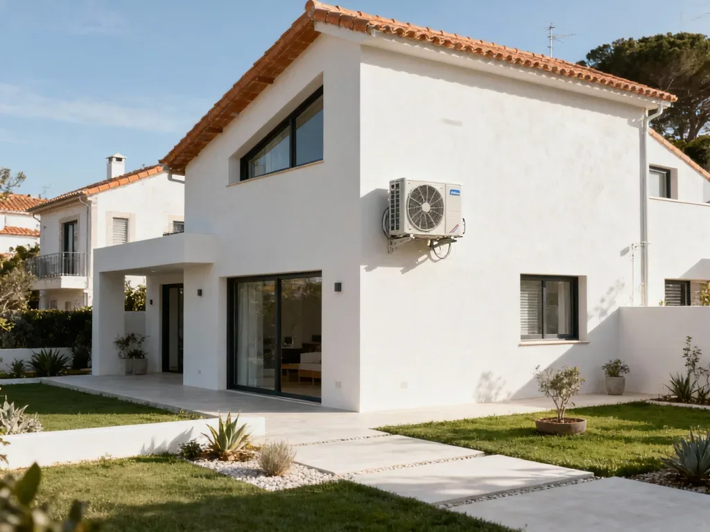 Casa com bomba de calor externa em Portugal, equipamento moderno