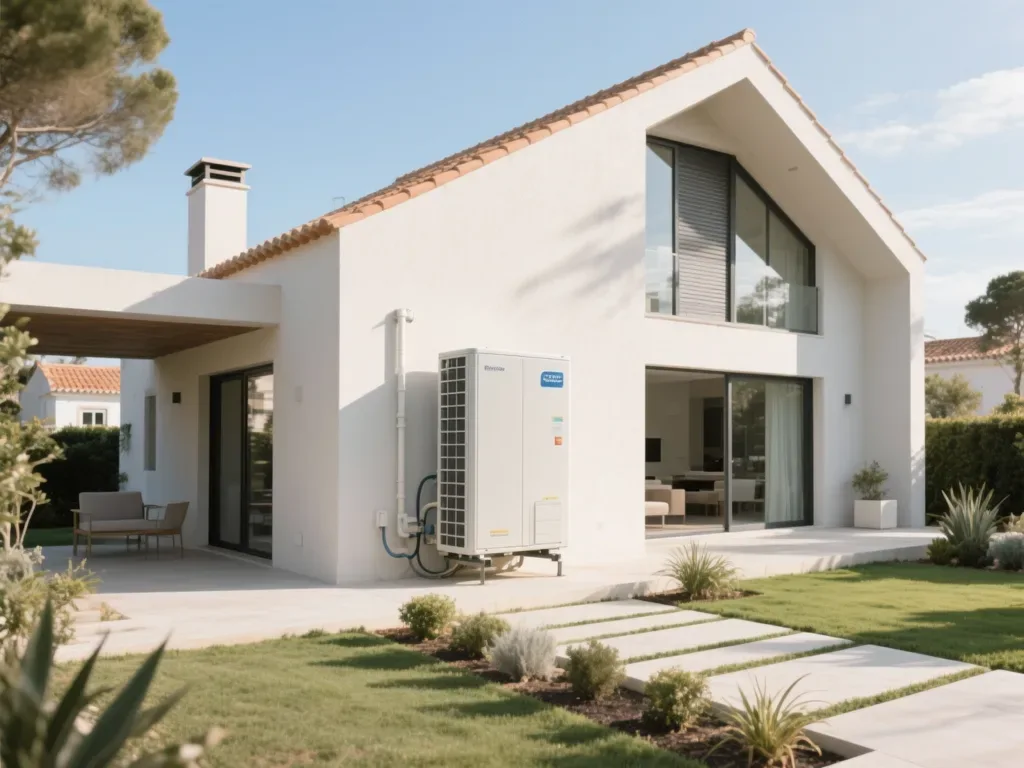 Casa com bomba de calor externa em Portugal, equipamento moderno