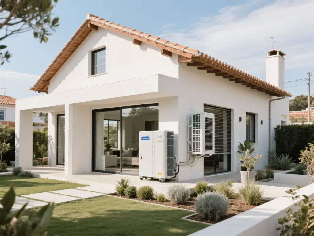 Casa com bomba de calor externa em Portugal, equipamento moderno