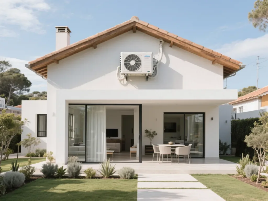 Casa com bomba de calor externa em Portugal, equipamento moderno