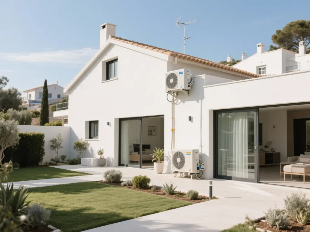 Casa com bomba de calor externa em Portugal, equipamento moderno
