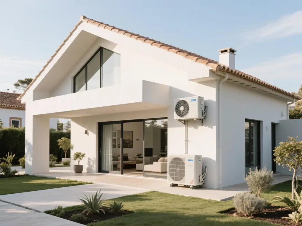 Casa com bomba de calor externa em Portugal, equipamento moderno