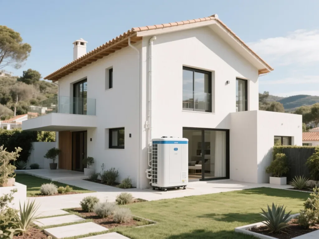 Casa com bomba de calor exterior em Portugal, equipamento moderno
