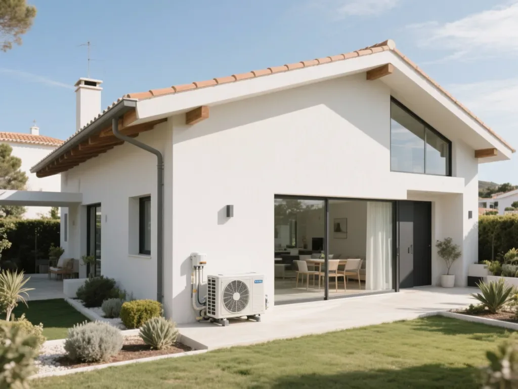 Casa com bomba de calor externa em Portugal, equipamento moderno