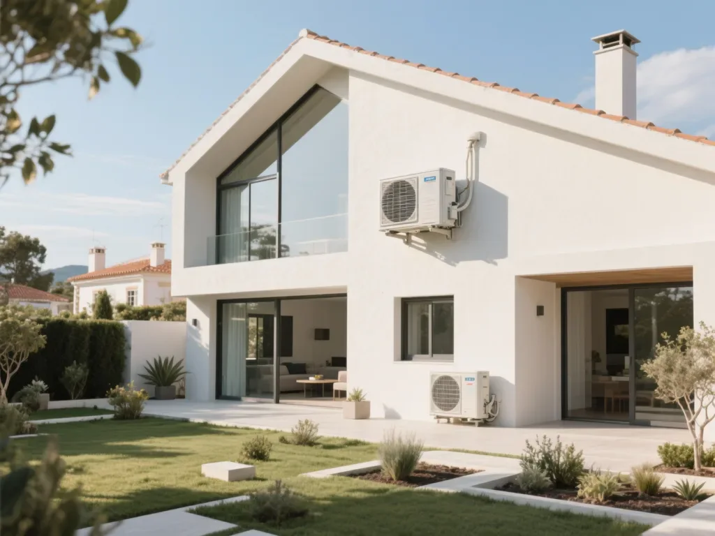 Casa com bomba de calor exterior em Portugal, equipamento moderno