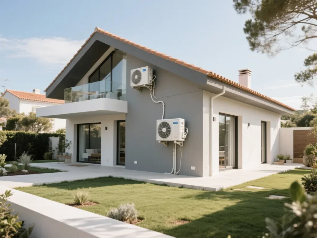 Casa com bomba de calor exterior em Portugal, equipamento moderno