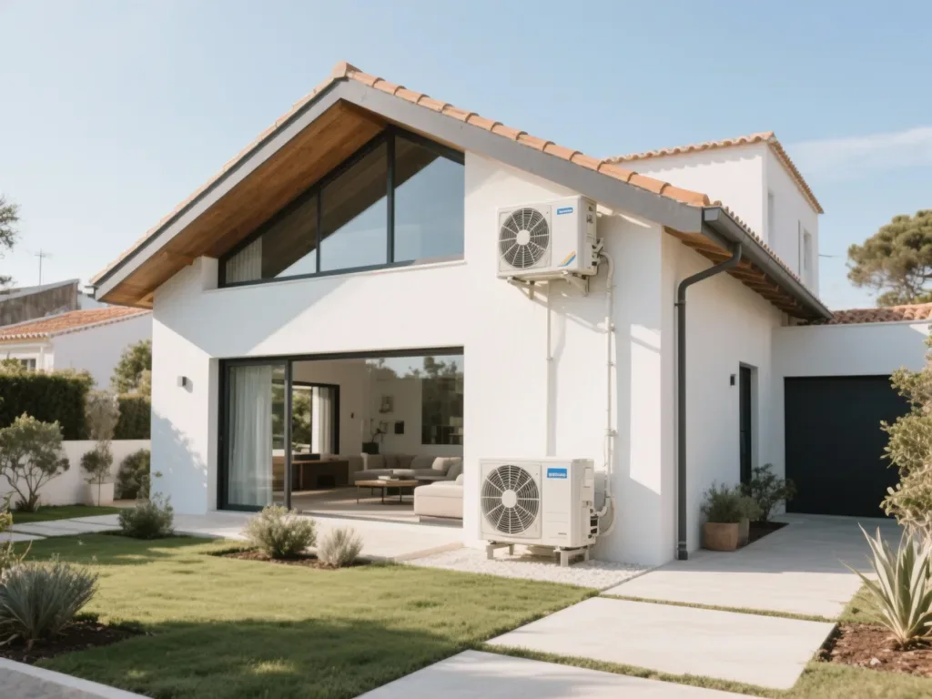 Casa com bomba de calor exterior em Portugal, equipamento moderno