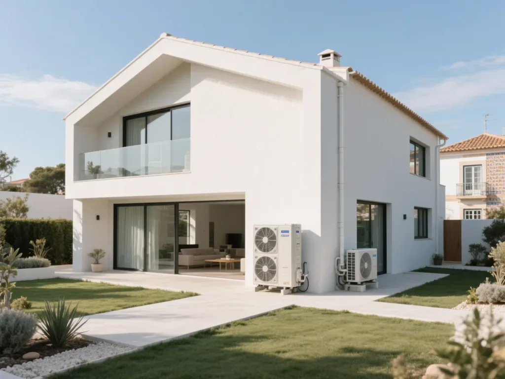 Casa com bomba de calor externa em Portugal, equipamento moderno