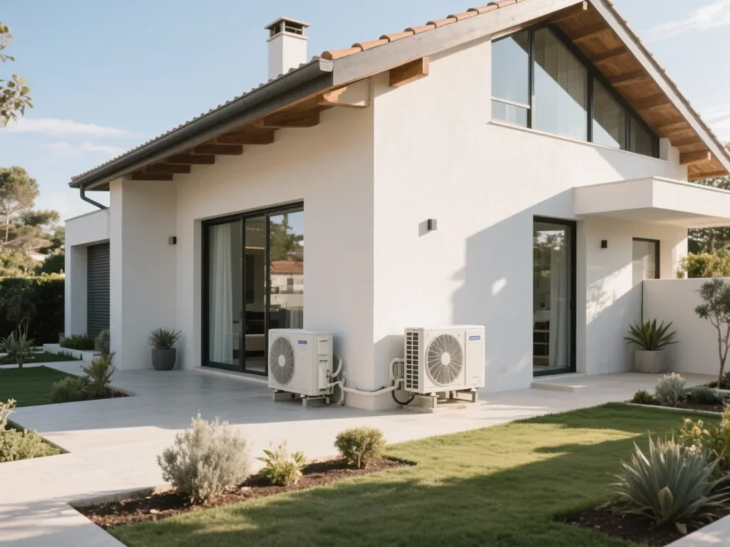 Casa com bomba de calor externa em Portugal, equipamento moderno