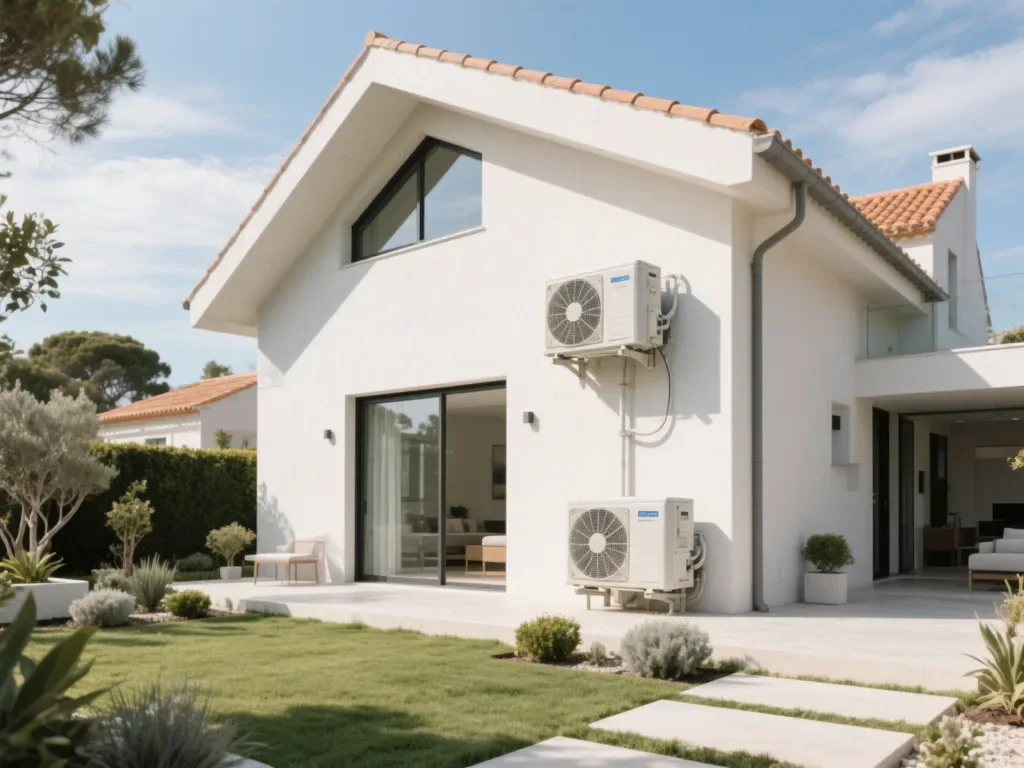 Casa com bomba de calor externa em Portugal, equipamento moderno