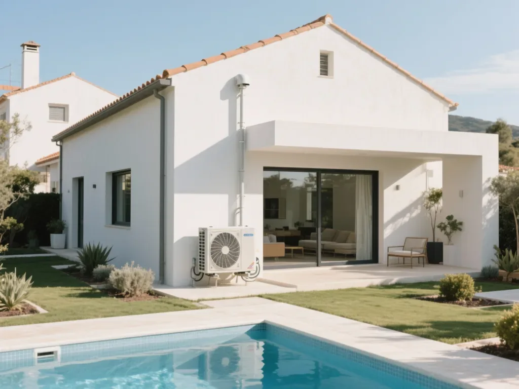 Casa com bomba de calor exterior em Portugal, equipamento moderno