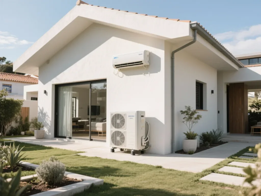 Casa com bomba de calor exterior em Portugal, equipamento moderno