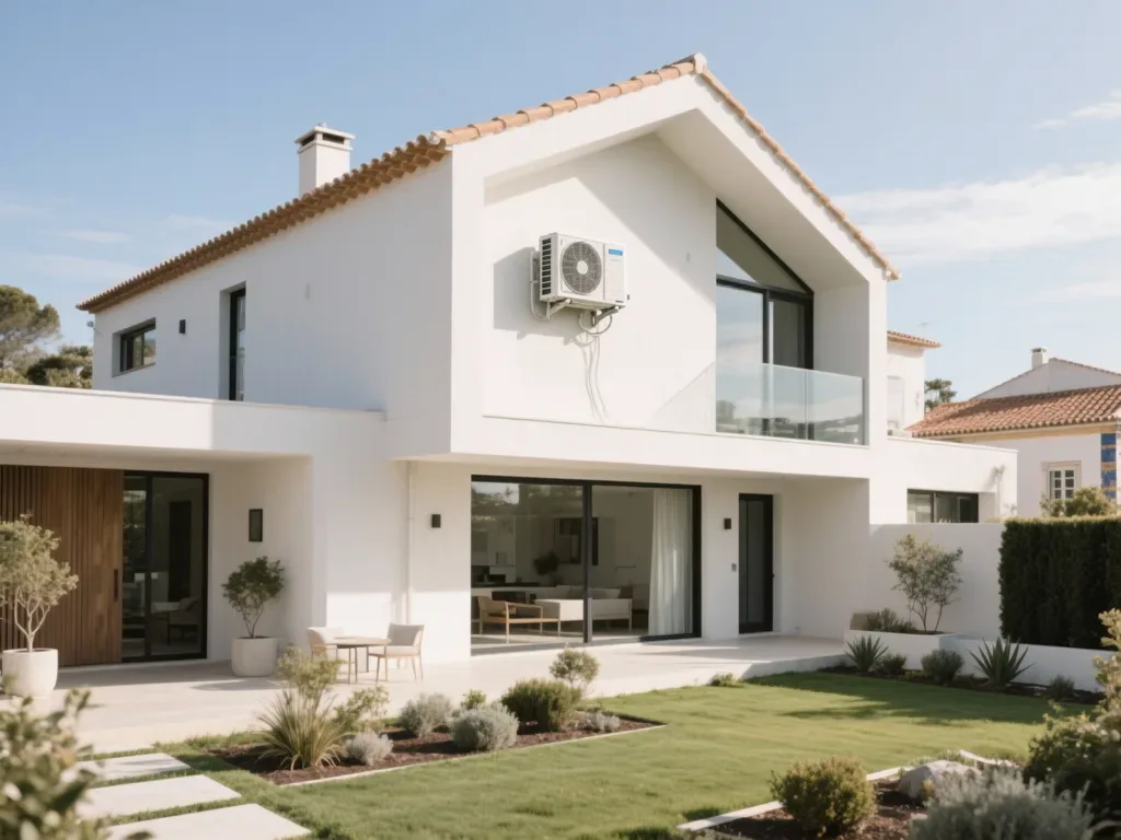 Casa com bomba de calor externa em Portugal, equipamento moderno