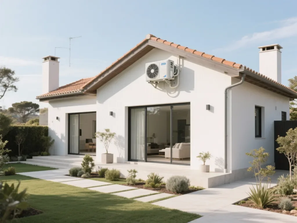 Casa com bomba de calor exterior em Portugal, equipamento moderno